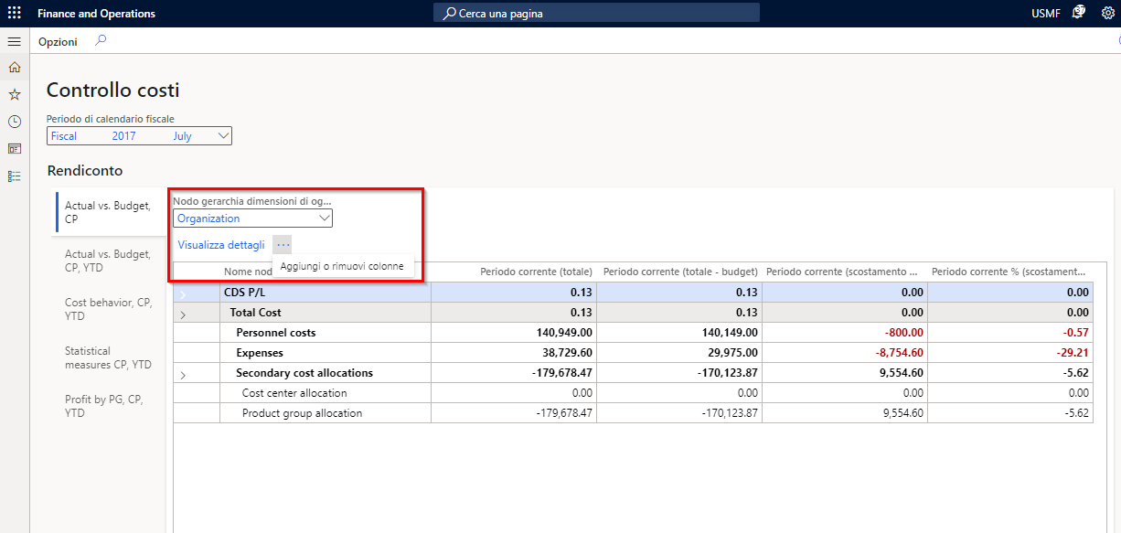 Screenshot della pagina Controllo costi con Visualizza dettagli selezionato.