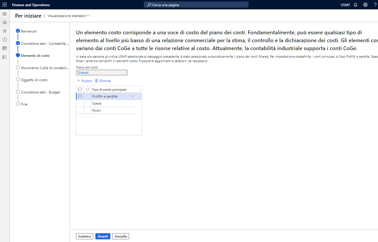 Screenshot della procedura guidata Per iniziare della contabilità industriale che mostra come selezionare il tipo di conto principale.