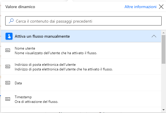 Screenshot che mostra l'elenco del contenuto dinamico dal connettore.