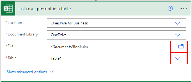 Screenshot di Elenca le righe presenti in una tabella con il file della cartella di lavoro di Excel e il foglio di lavoro selezionati.