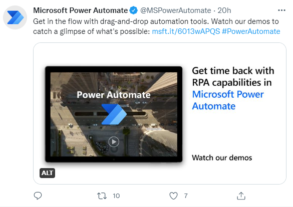 Screenshot di un Tweet di Microsoft Flow con l'hashtag #PowerAutomate.