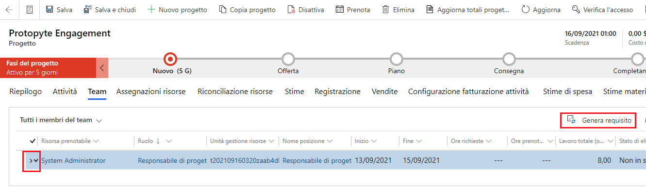 Screenshot della scheda Membro del team con il pulsante Genera requisito evidenziato.