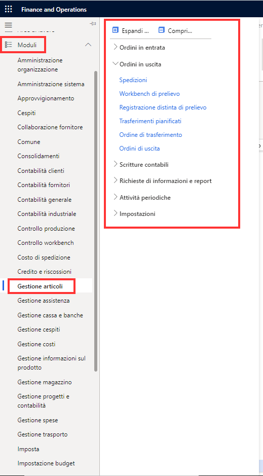 Screenshot del riquadro di spostamento con il modulo Gestione magazzino selezionato.