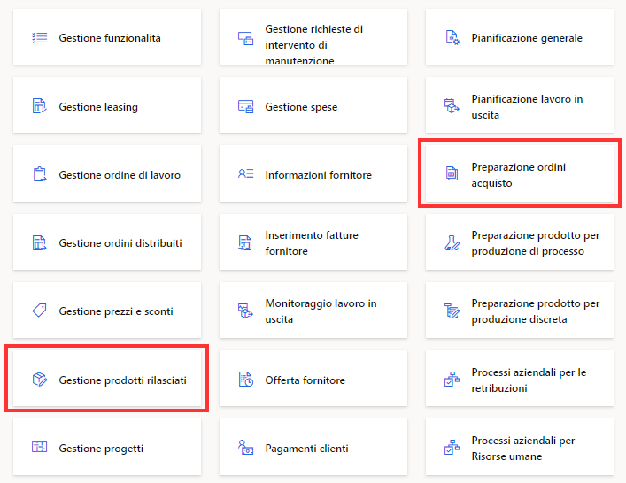 Screenshot della home page con i riquadri Preparazione ordini acquisto e Manutenzione prodotto rilasciato evidenziati.