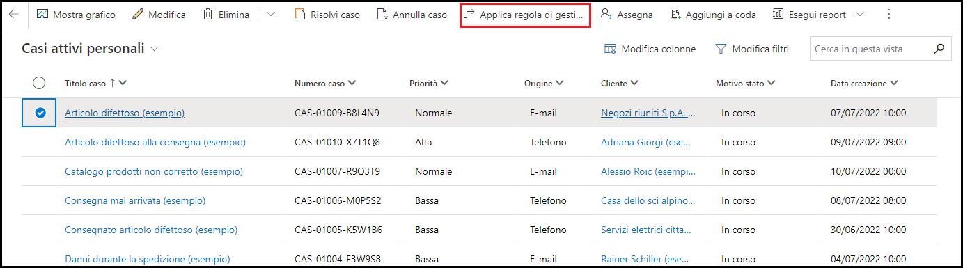 Screenshot del pulsante Applica regola di gestione.