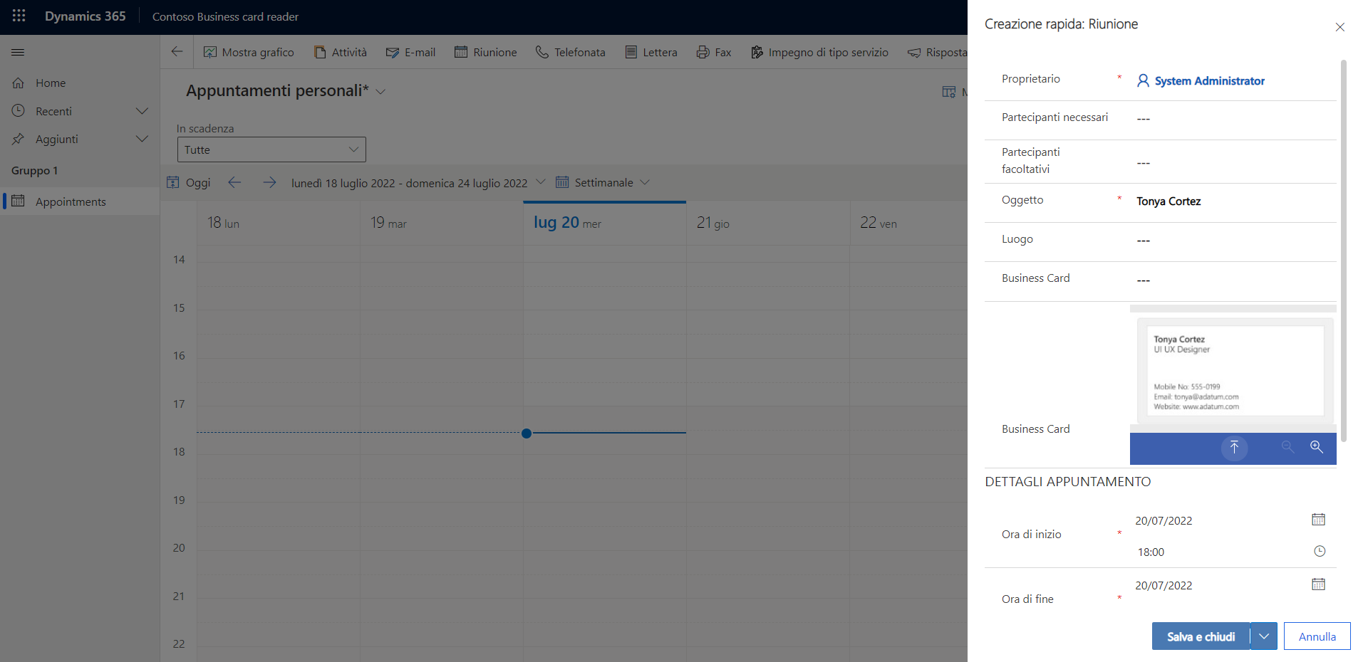 Screenshot del modulo per la creazione rapida di un appuntamento completato con il pulsante Salva e chiudi in basso.