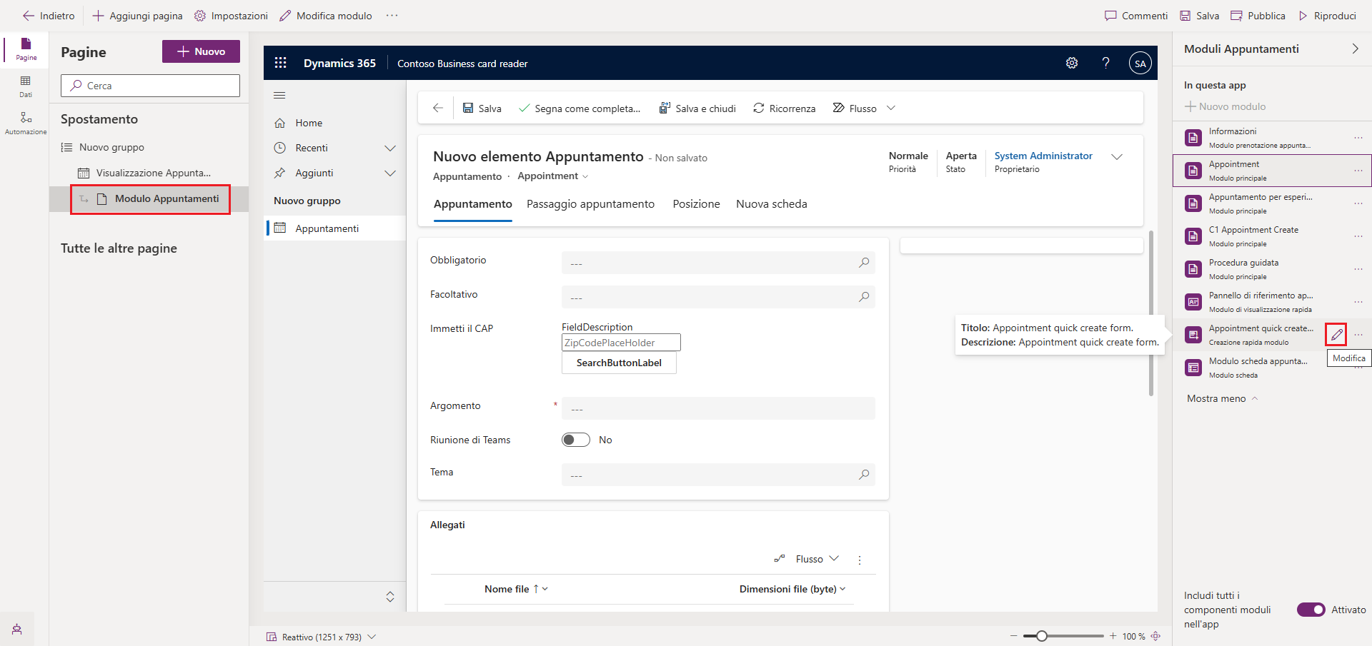 Screenshot di Progettazione app di Power Apps con Lettore di biglietti da visita Contoso nella vista di progettazione.