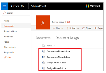 Screenshot di un elenco degli stessi file in SharePoint.