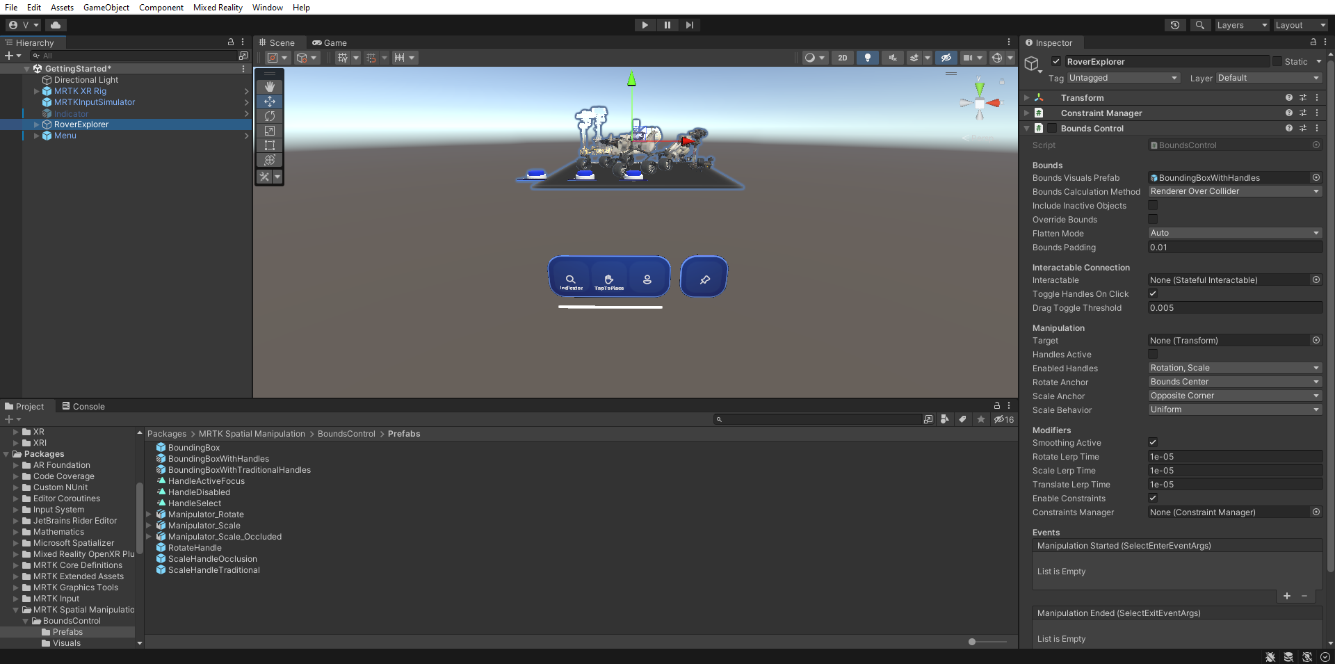 Screenshot of Unity with RoverExplorer object selected and the Bounds Visuals Prefab field configured.