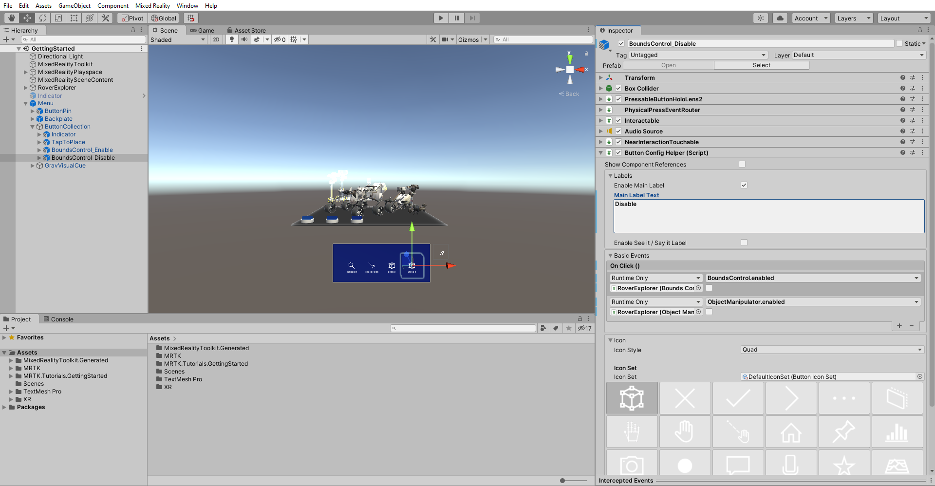 Screenshot of Unity with BoundsControl_Disable button object selected and Button Config Helper component configured.