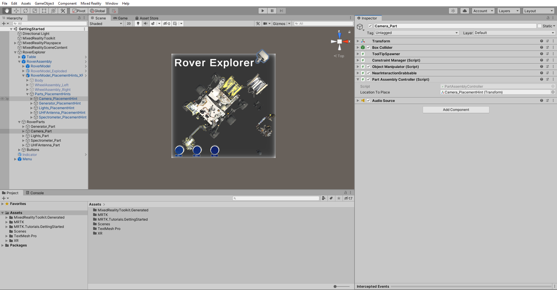 Screenshot of Unity with Camera_Part PartAssemblyController component configured.