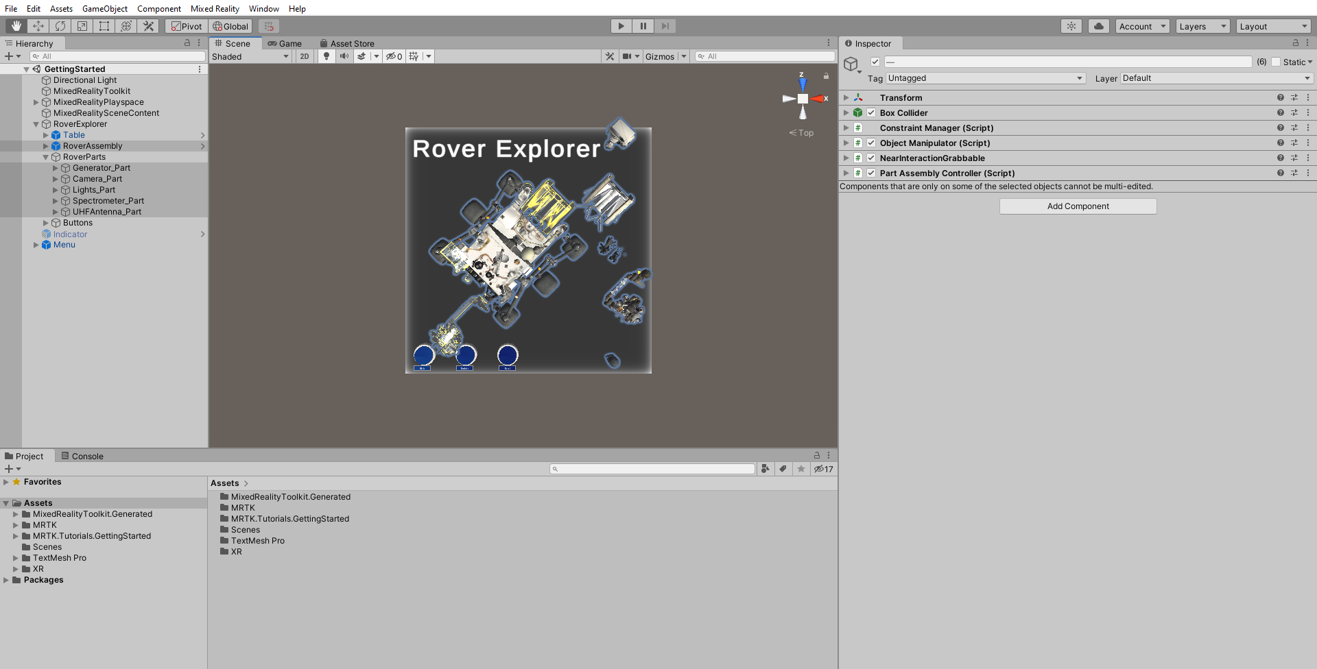 Screenshot of RoverAssembly with all rover part objects selected and components added.
