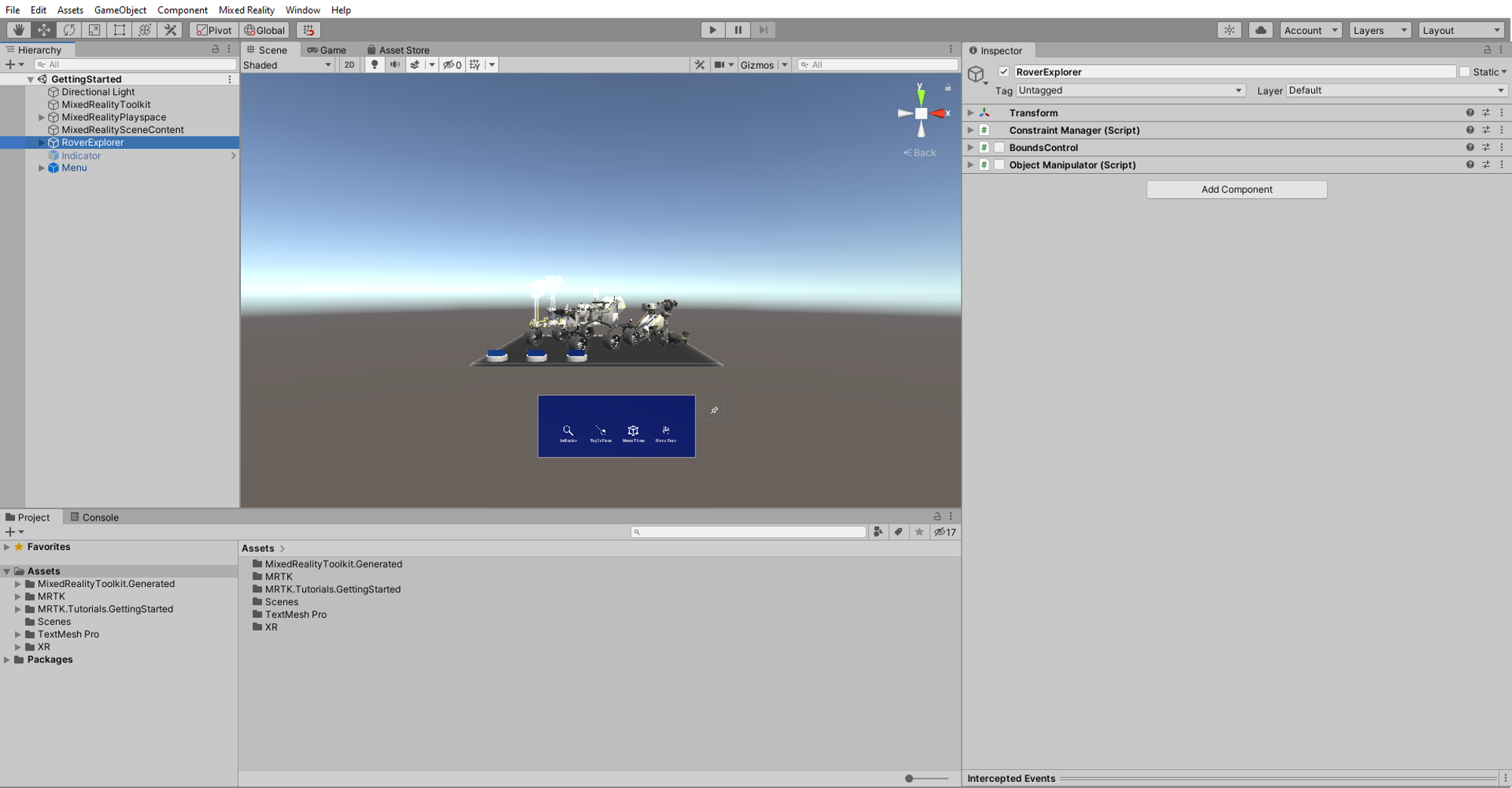 Screenshot of Unity with RoverExplorer object selected and components added and disabled.