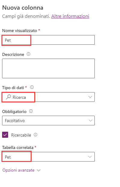 Screenshot della colonna di ricerca Pet.