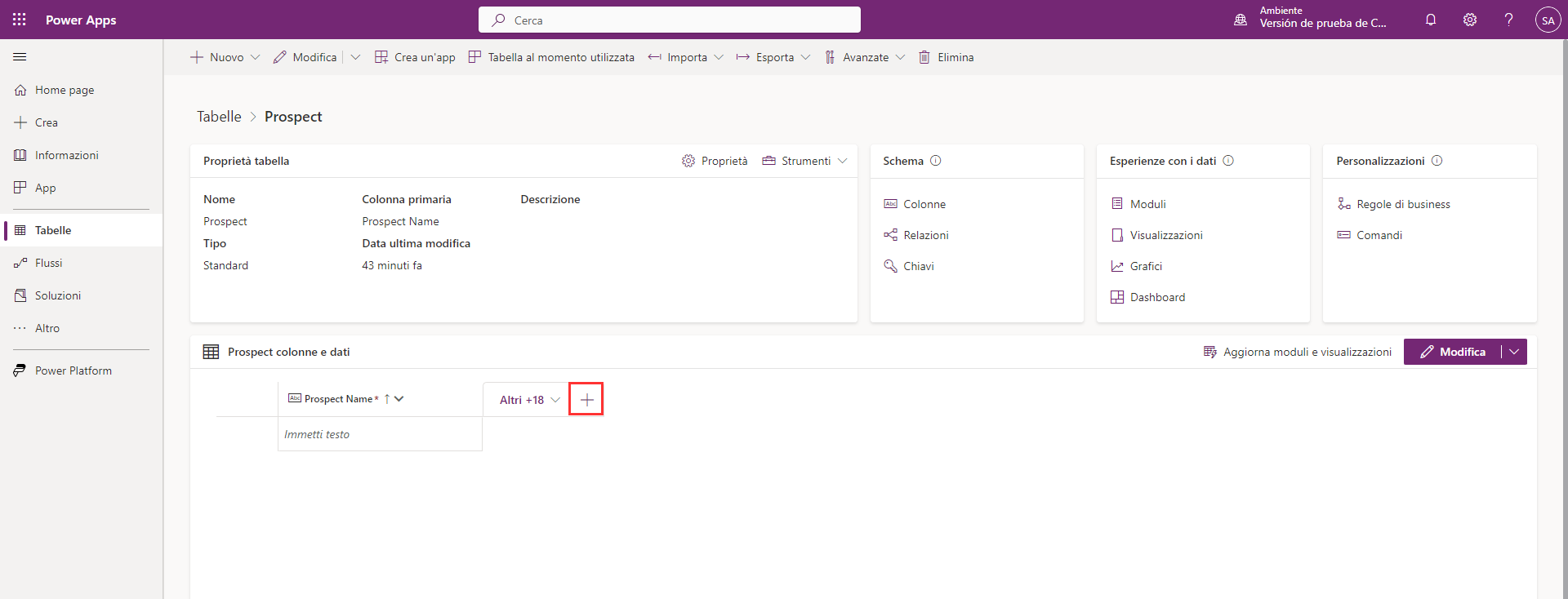 Screenshot della pagina principale della tabella Prospect.