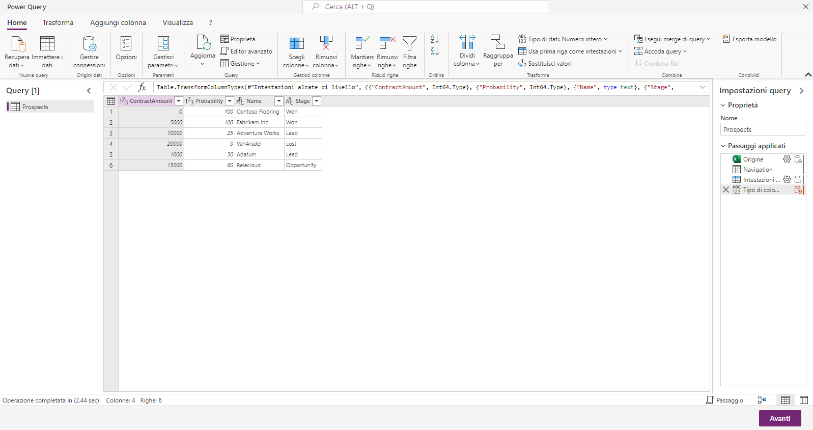 Screenshot della finestra di Power Query che mostra le opzioni per la modifica della forma dei dati.