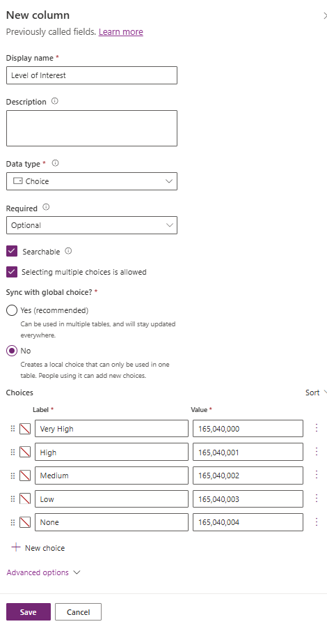 Screenshot della colonna Level of Interest.