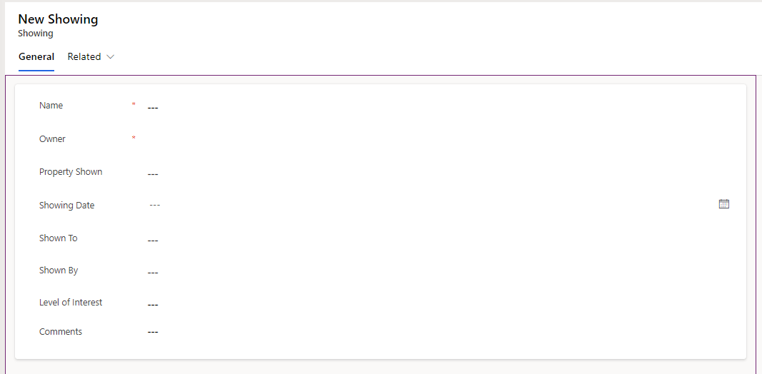 Screenshot del modulo Showings.