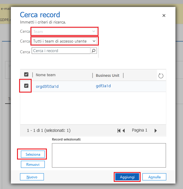 Screenshot della finestra di dialogo Cerca record e dei passaggi per aggiungere i team di accesso.