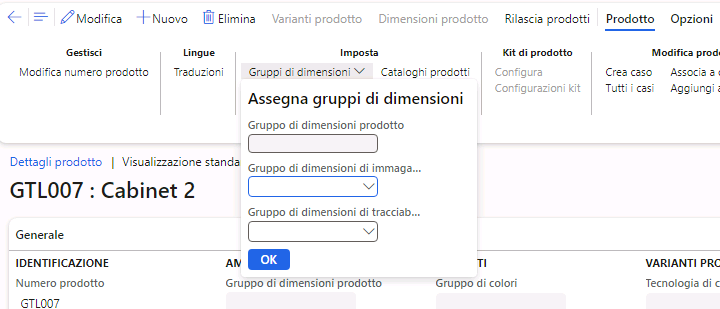 Lo screenshot mostra l'opzione di configurazione nel menu del prodotto in cui è possibile aggiungere i dettagli dei diversi gruppi di dimensioni.