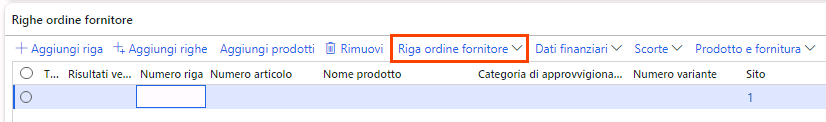 Lo screenshot mostra le righe dell'ordine fornitore.