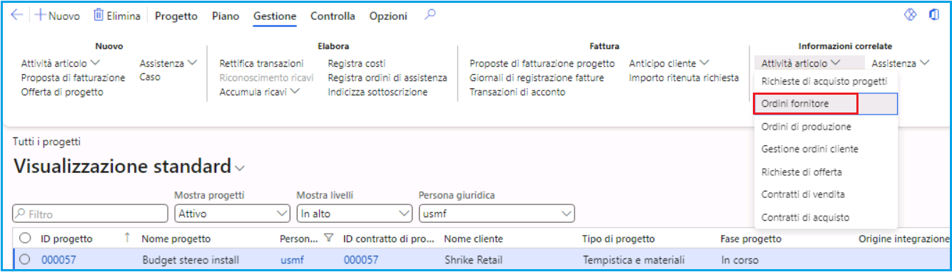 Screenshot del processo di creazione di un ordine fornitore da un progetto. L'opzione Ordini fornitore è evidenziata.