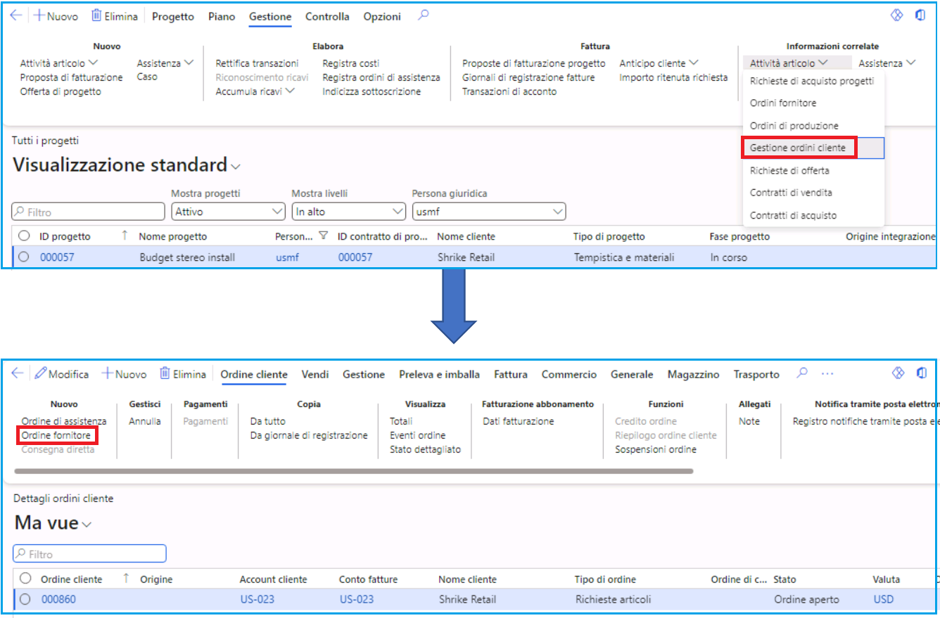 Screenshot della creazione di un ordine fornitore da un ordine cliente. L'opzione Ordini cliente della pagina del progetto è selezionata.
