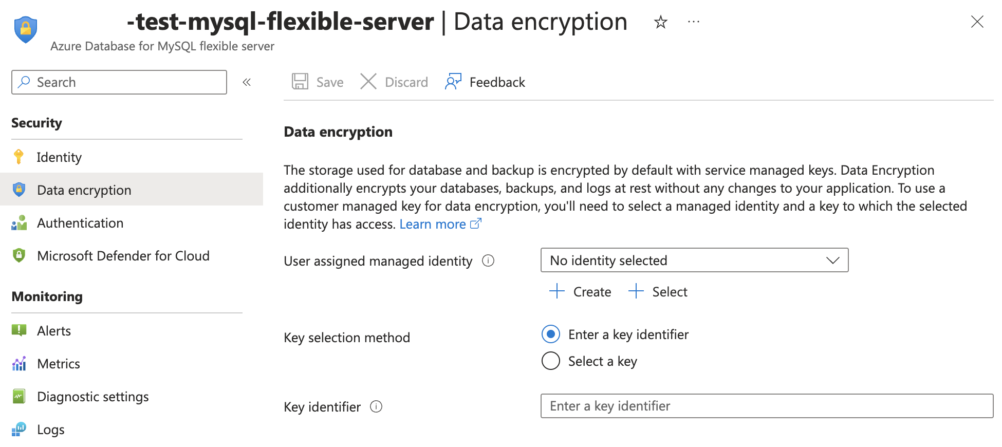 Screenshot della pagina delle impostazioni per selezionare una chiave gestita dal cliente.