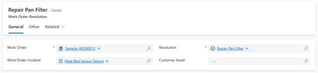 Screenshot della risoluzione di più tipi di incidente Field Service.