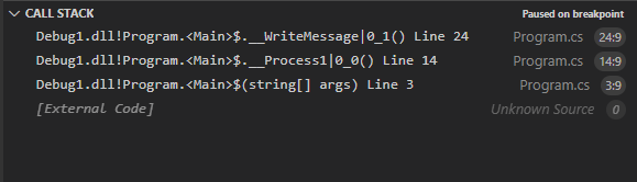 Screenshot che mostra i livelli dello stack di chiamate tra il punto in cui viene generata un'eccezione e quello in cui viene intercettata.