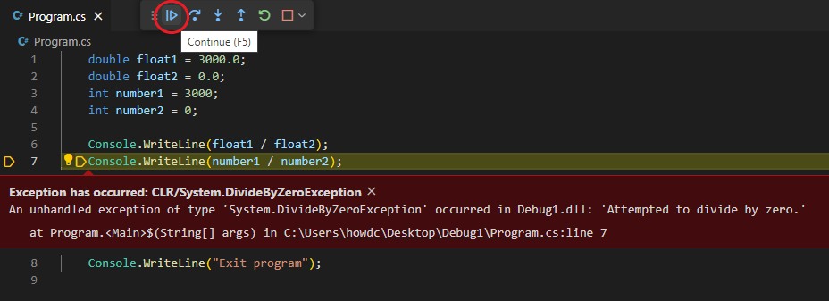 Screenshot che mostra il pulsante Continua sulla barra degli strumenti Debug.