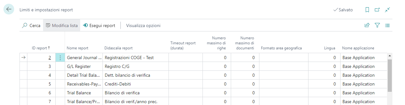 Screenshot della pagina Limiti e impostazioni report.