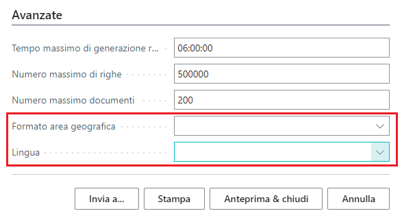 Screenshot della pagina di richiesta Avanzate con i campi Formato area geografica e Lingua.