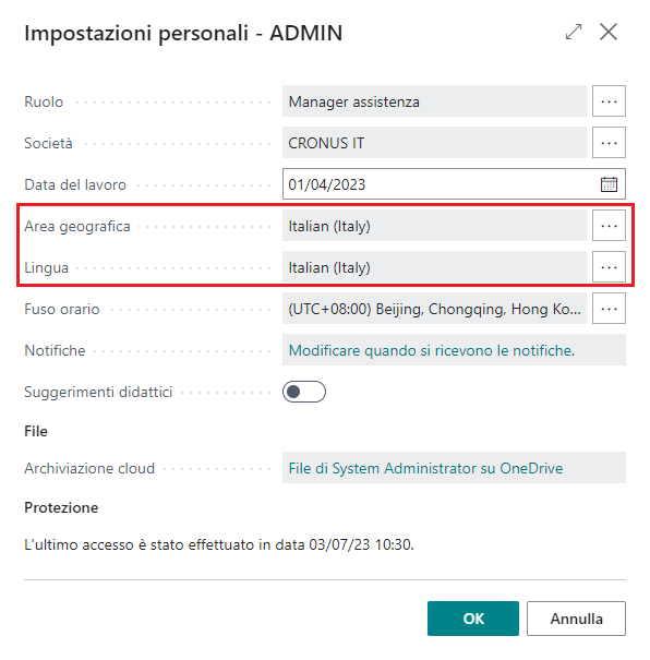 Screenshot della vista Impostazioni personali.