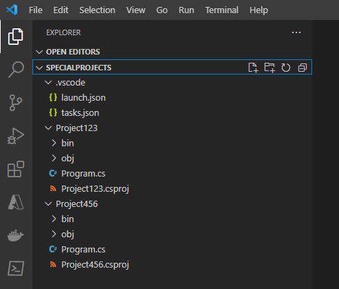 Screenshot che mostra la struttura di cartelle nella visualizzazione EXPLORER.