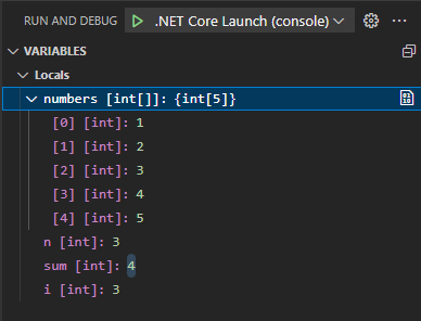 Screenshot che mostra gli elementi della matrice espansa nella sezione Variabili della visualizzazione Esegui e debug.