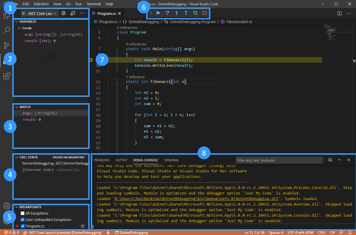 Screenshot che mostra le sezioni dell'interfaccia utente del debugger di Visual Studio Code.