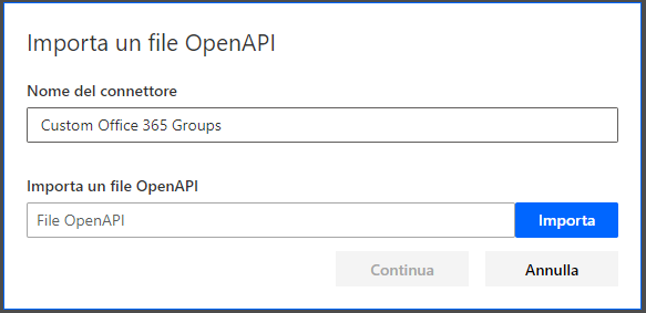 Screenshot della finestra di dialogo Crea un connettore personalizzato con l'opzione Importa un file OpenAPI impostata su apiDefinition.swagger.json.
