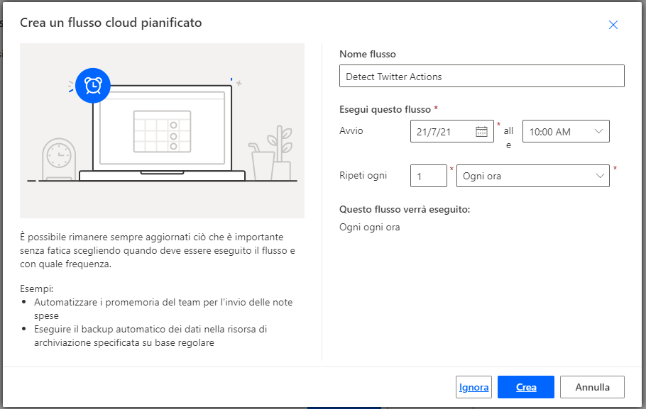 Screenshot della finestra di dialogo Crea un flusso pianificato con Rilevamento azioni X in Nome flusso.