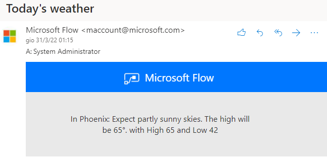Screenshot di un messaggio e-mail inviato dal flusso cloud per il meteo di Phoenix.