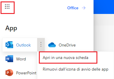 Screenshot dell'icona di avvio delle app con l'opzione Outlook selezionata e il pulsante Apri in una nuova scheda evidenziato.