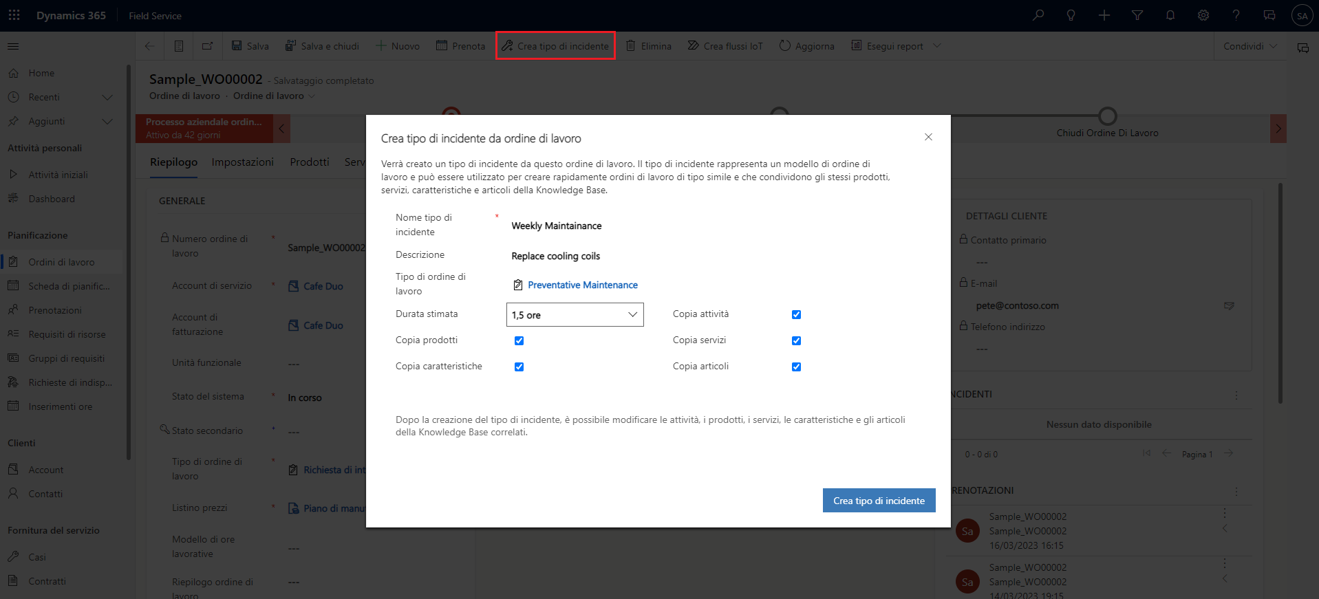 Screenshot della finestra di dialogo Crea tipo di incidente da ordine di lavoro.