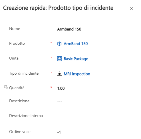 Screenshot del modulo Creazione rapida: Prodotto tipo di incidente.