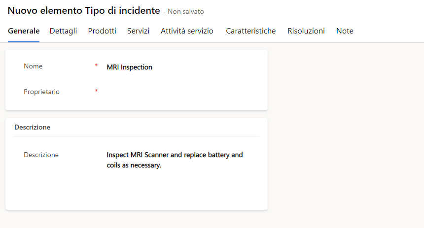 Screenshot della scheda Generale nel modulo Tipo di incidente.