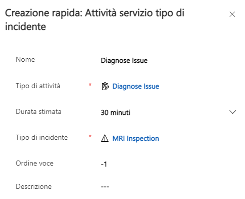 Screenshot del modulo Creazione rapida: Attività servizio tipo di incidente.