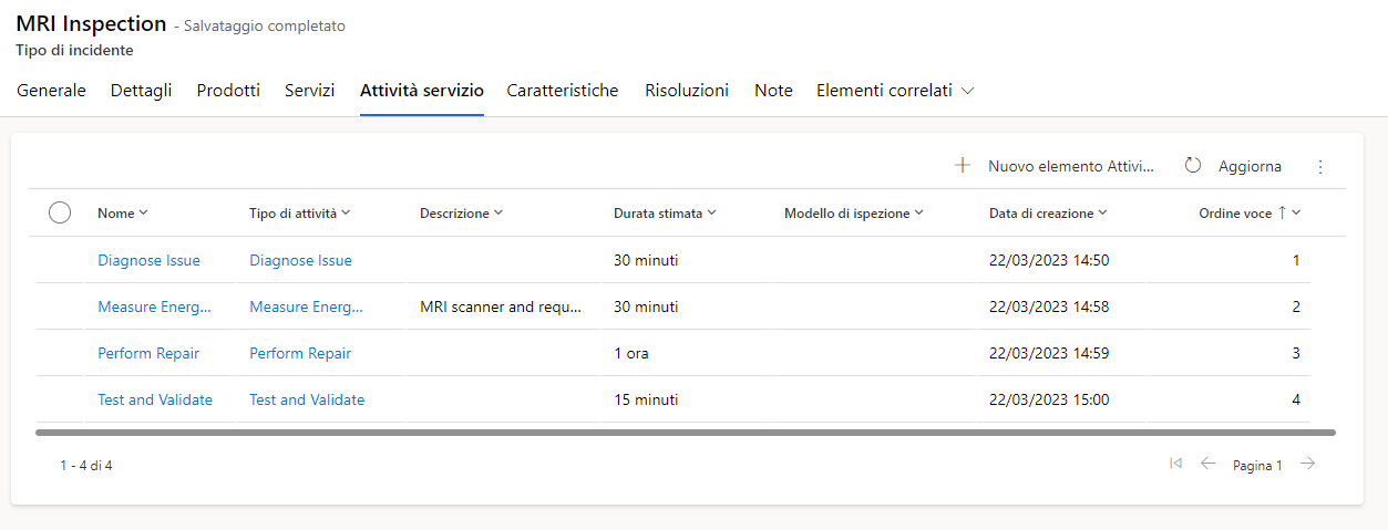 Screenshot della scheda Attività servizio nel modulo Tipo di incidente.