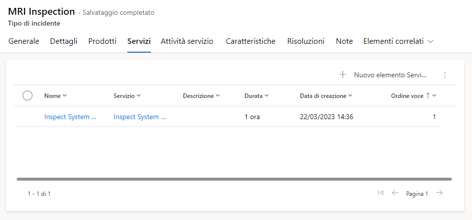 Screenshot della scheda Servizi nel modulo Tipo di incidente.