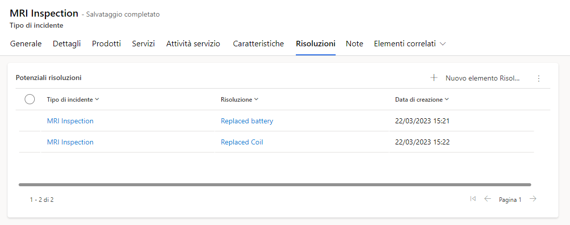 Screenshot della scheda Risoluzioni nel modulo Tipo di incidente.
