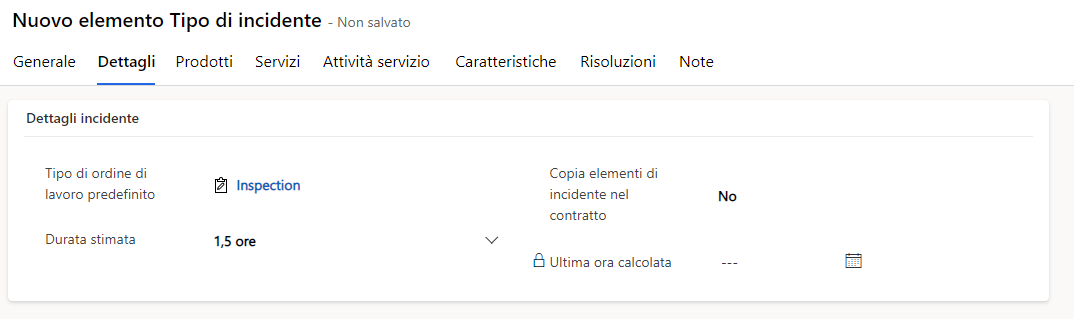 Screenshot della scheda Dettagli in un modulo Tipo di incidente.
