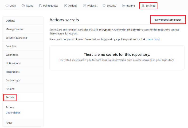 Screenshot dell'interfaccia di GitHub che mostra la pagina ''Segreti''. Il pulsante